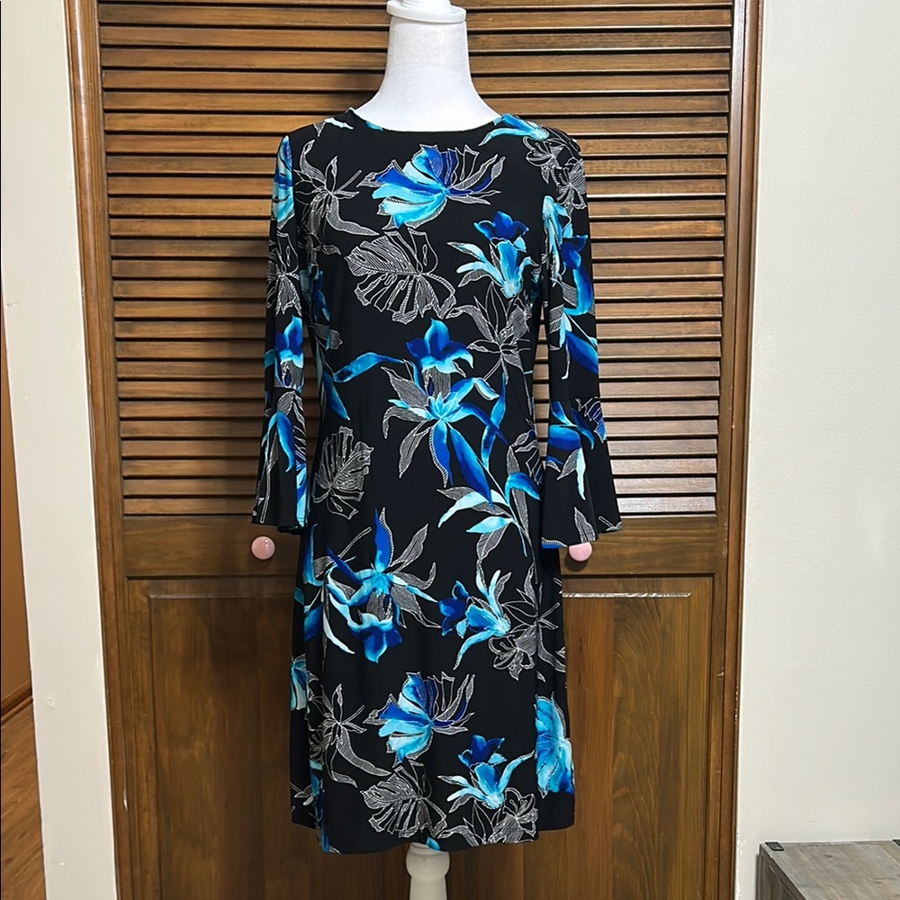 Tommy Hilfiger Sheath Floral 3/4 Flounce Sleeve Black & Blue Dress Size 4